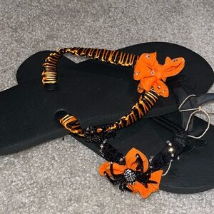 Crystal Spiders-custom made Black and Orange flip flops
